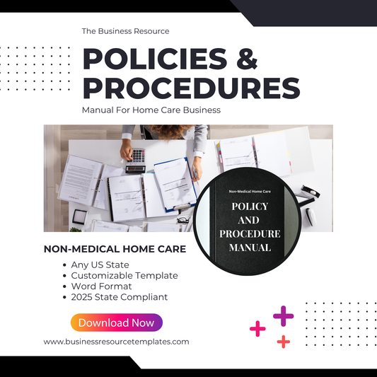 Promotional graphic for a policies and procedures manual for home care businesses, featuring text and images of people working with documents.
