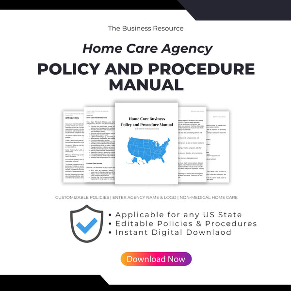Home care agency policy and procedure manual with a shield icon and 'Download Now' button on a white background.